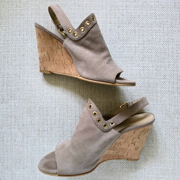 STUART WEITZMAN Suede Cork Wedges Slingbacks Grommet Lasercut Sandals 8.5 - Picture 5 of 8